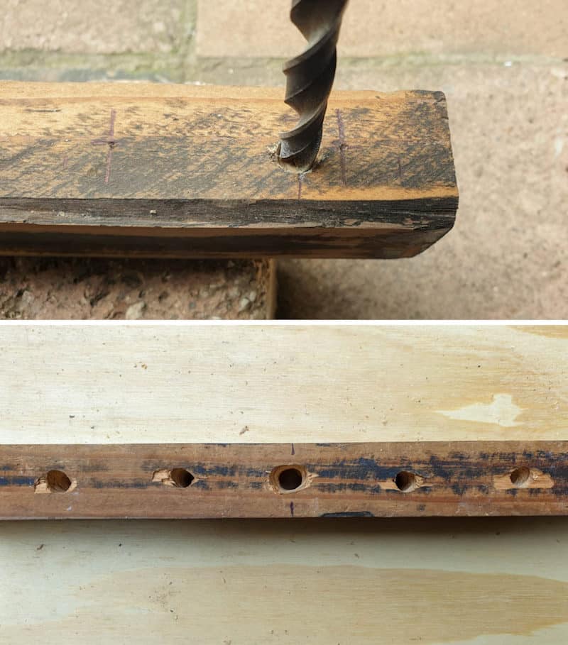 Drill a hole all the way through the piece of wood