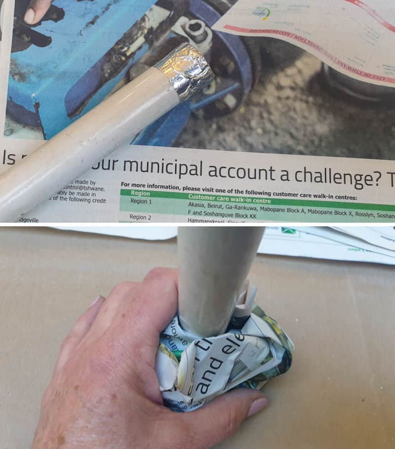 Starting at the bottom of the PVC build up layers of newspaper to form a ball