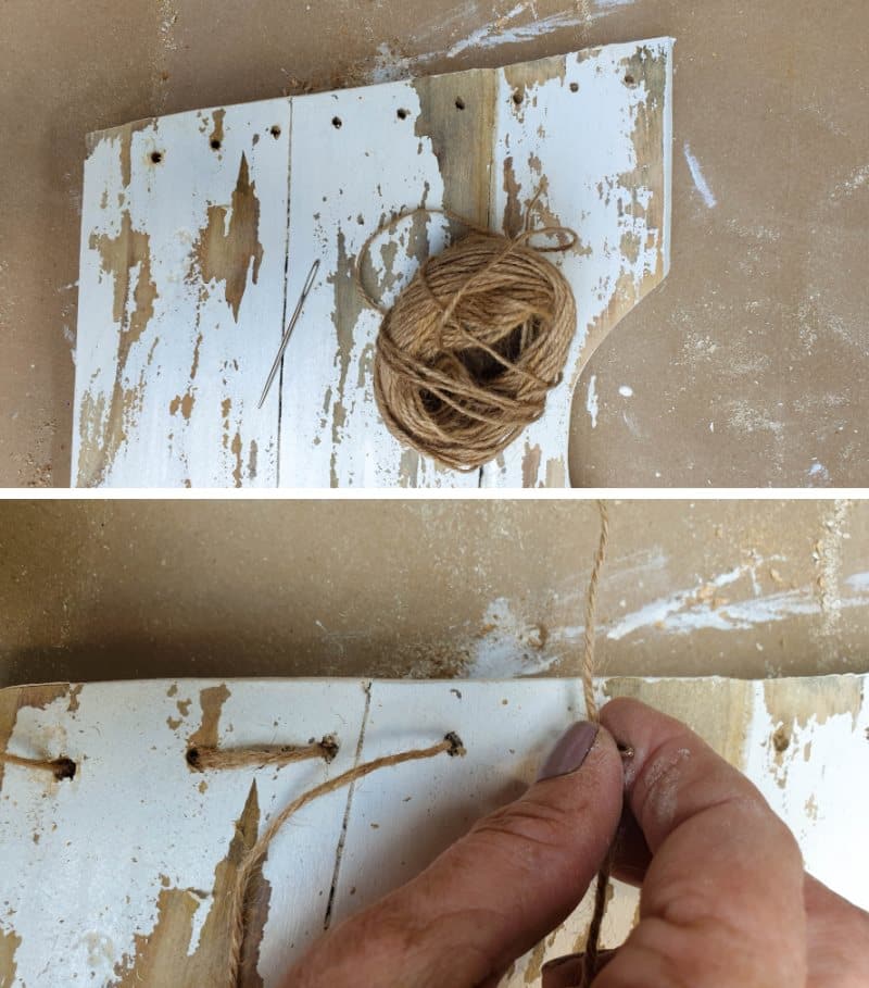"Sew" twine into the holes