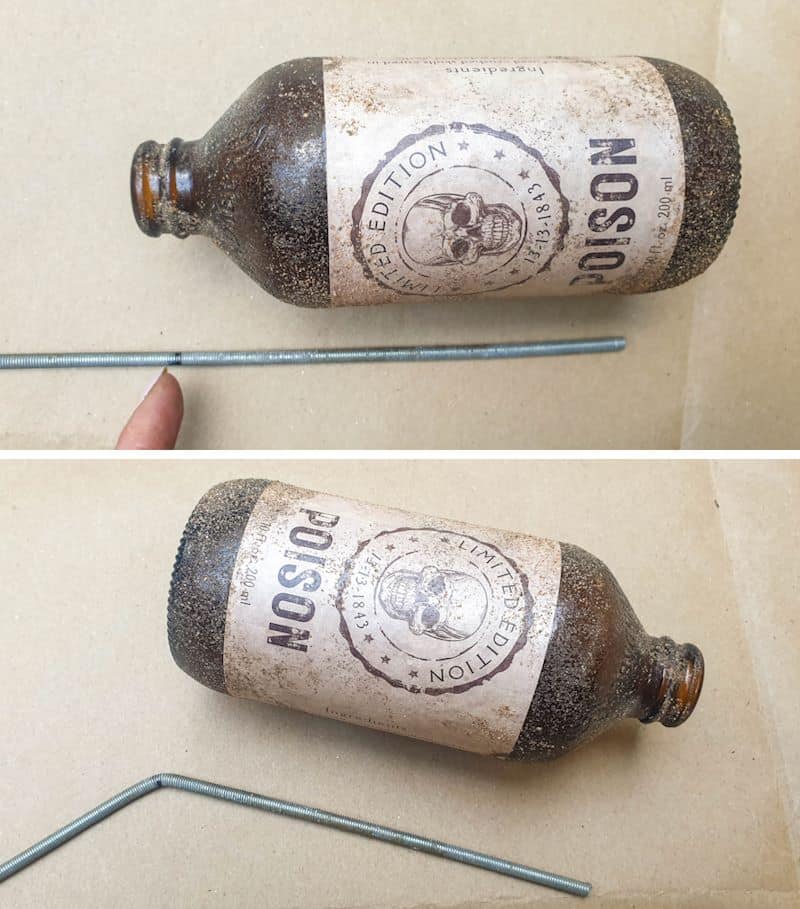 Mark where to bend the threaded rod using the bottle as a guide