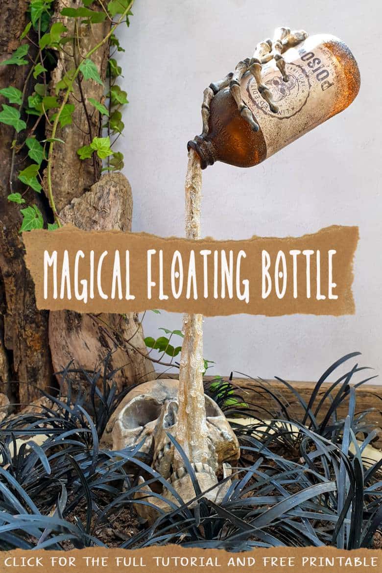 Unleash your inner sorcerer this Halloween with a DIY Skull and Floating Bottle Planter! We&rsquo;ll show you how to get the bottle to defy gravity and create a dripping poison effect that casts an otherworldly glow over the scene at night. The tutorial includes a free poison label printable and loads of pictures to guide you through the process. No special tools needed. #ACraftyMix