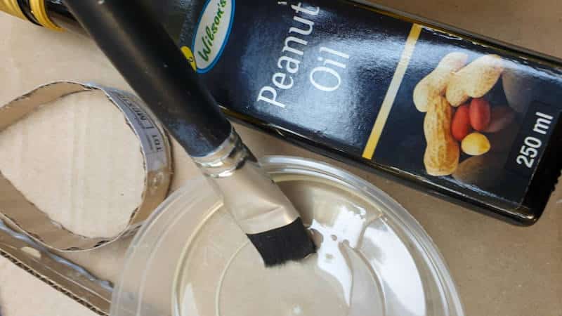 Dip a paintbrush into the oil and paint the inside of the cardboard mold