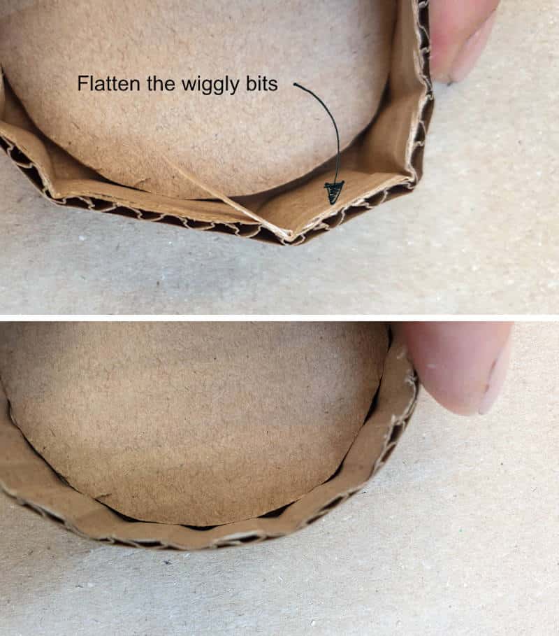 Flatten the cardboard strips so they sit flush against the base