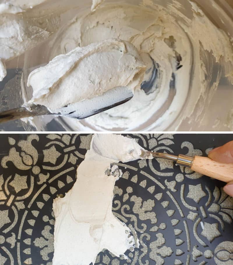 Apply the texture paste with a plastic knife or a palette knife