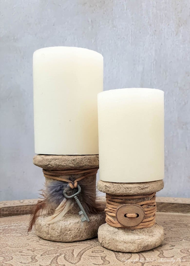Discover the art of repurposed home decor with these simple rustic upcycled candleholders! We&rsquo;ll show you how to transform two unexpected items into personalized pieces full of character and texture. They&rsquo;re quick to make, easy to customize, and won&rsquo;t break the bank. Get the full tutorial at A Crafty Mix