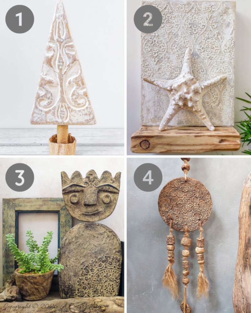 Collage of four neutral-toned DIY textured decor projects: a carved boho Christmas tree, a starfish on a raised patterned plaque, a primitive faux-stone statue next to a succulent, and a hanging clay medallion with tassels and beads.