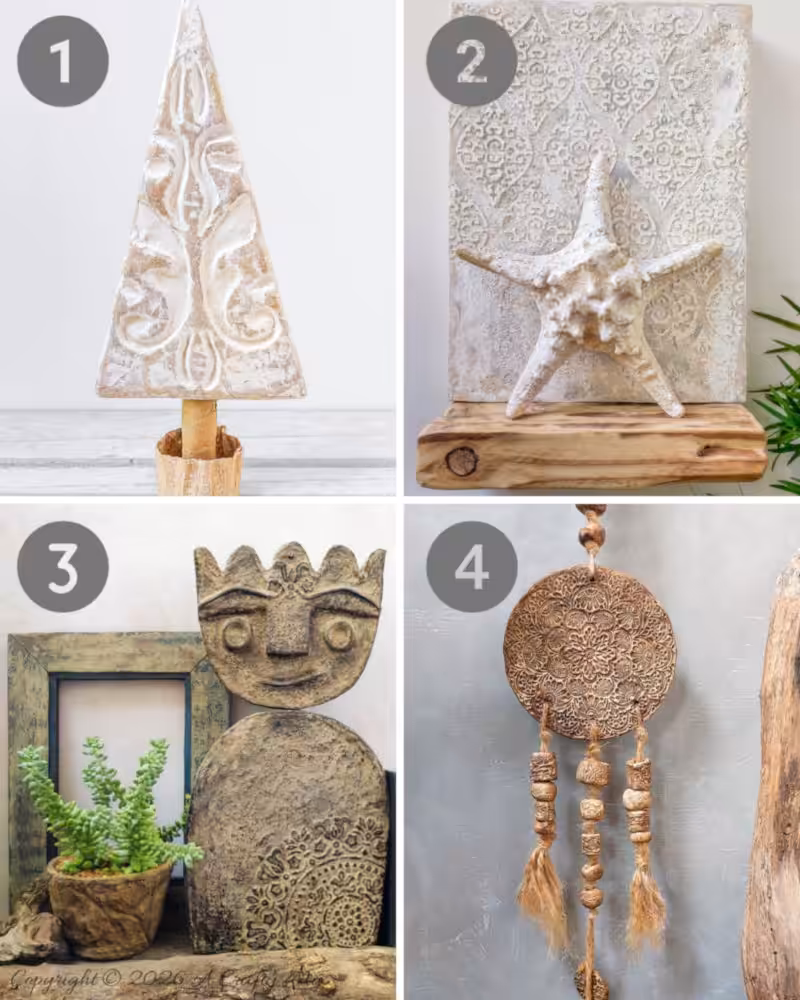 Collage of four neutral-toned DIY textured decor projects: a carved boho Christmas tree, a starfish on a raised patterned plaque, a primitive faux-stone statue next to a succulent, and a hanging clay medallion with tassels and beads.