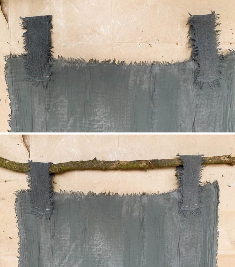 Hang the 3D textured fabric on a branch. I used strips of muslin to attach my art to the branch