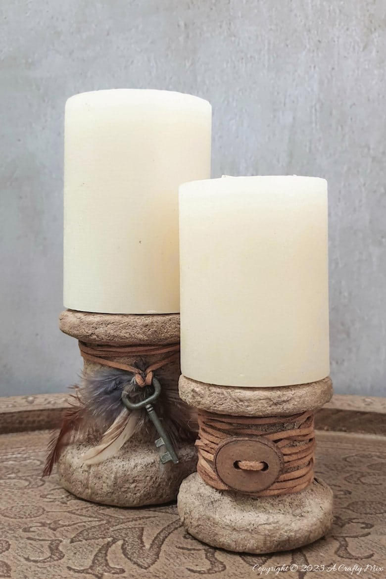 Discover the art of repurposed home decor with these simple rustic upcycled candleholders! We&rsquo;ll show you how to transform two unexpected items into personalized pieces full of character and texture. They&rsquo;re quick to make, easy to customize, and won&rsquo;t break the bank. Get the full tutorial at A Crafty Mix