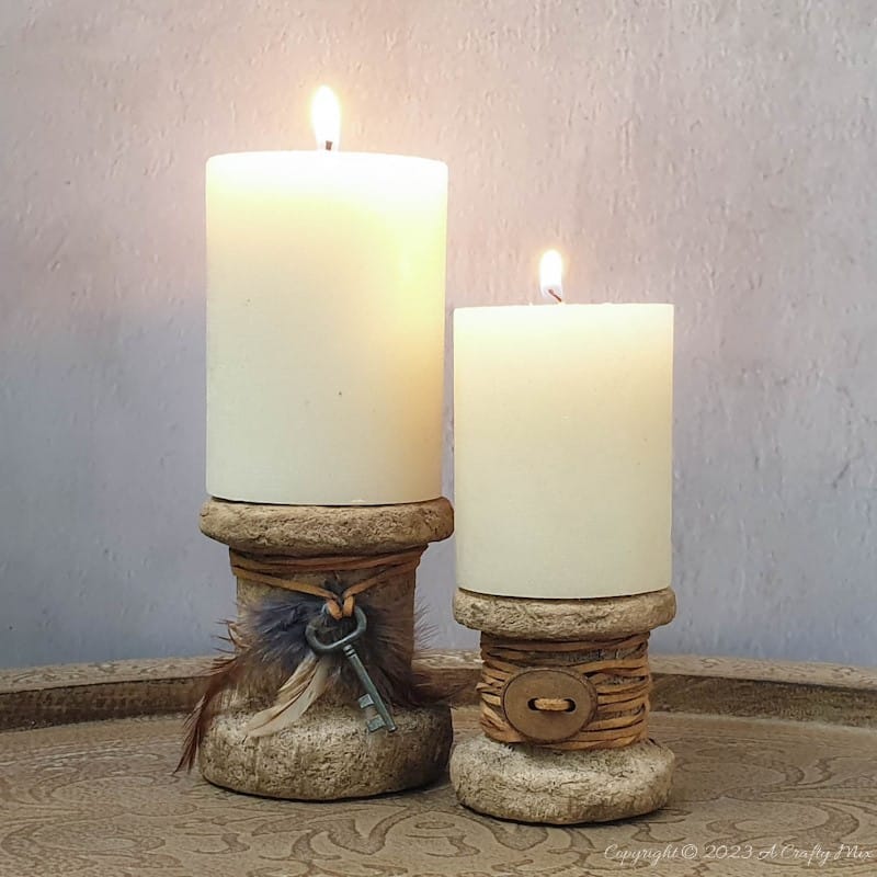 Discover the art of repurposed home decor with these simple rustic upcycled candleholders! We&rsquo;ll show you how to transform two unexpected items into personalized pieces full of character and texture. They&rsquo;re quick to make, easy to customize, and won&rsquo;t break the bank. Get the full tutorial at A Crafty Mix
