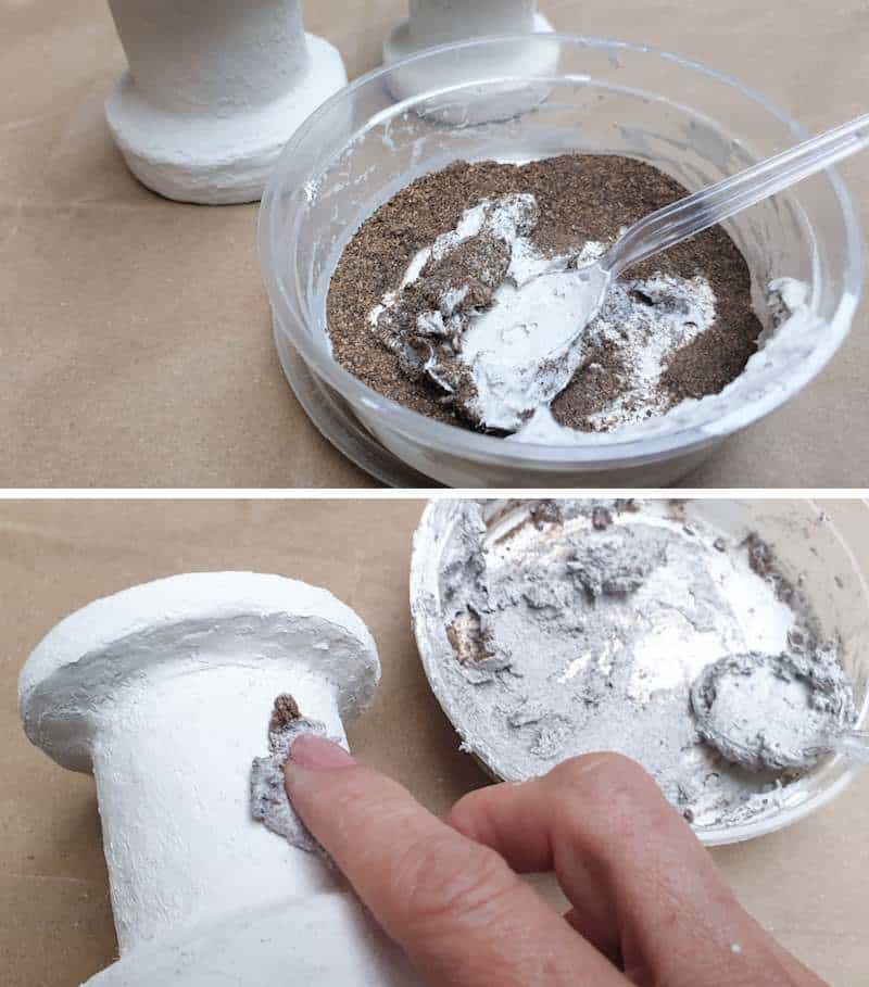 Mix garden soil into the texture paste and apply to the upcycled candleholders