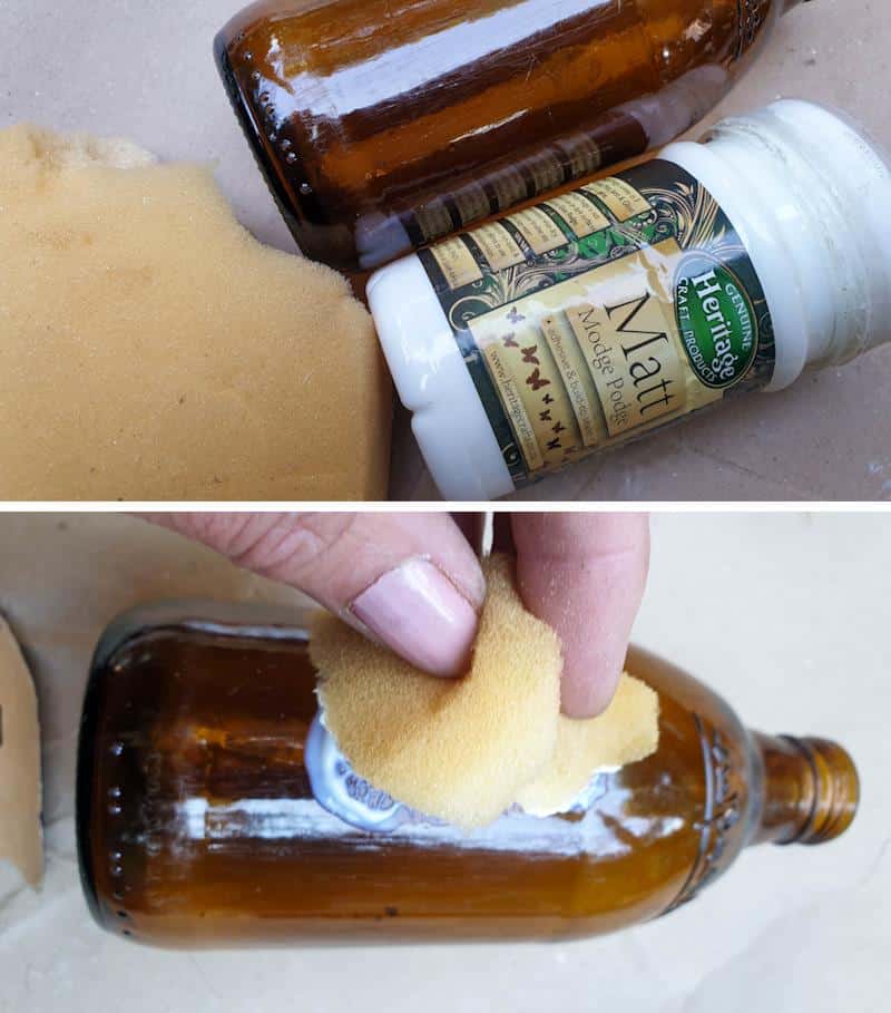 Use a sponge to dab Mod Podge all over the bottle