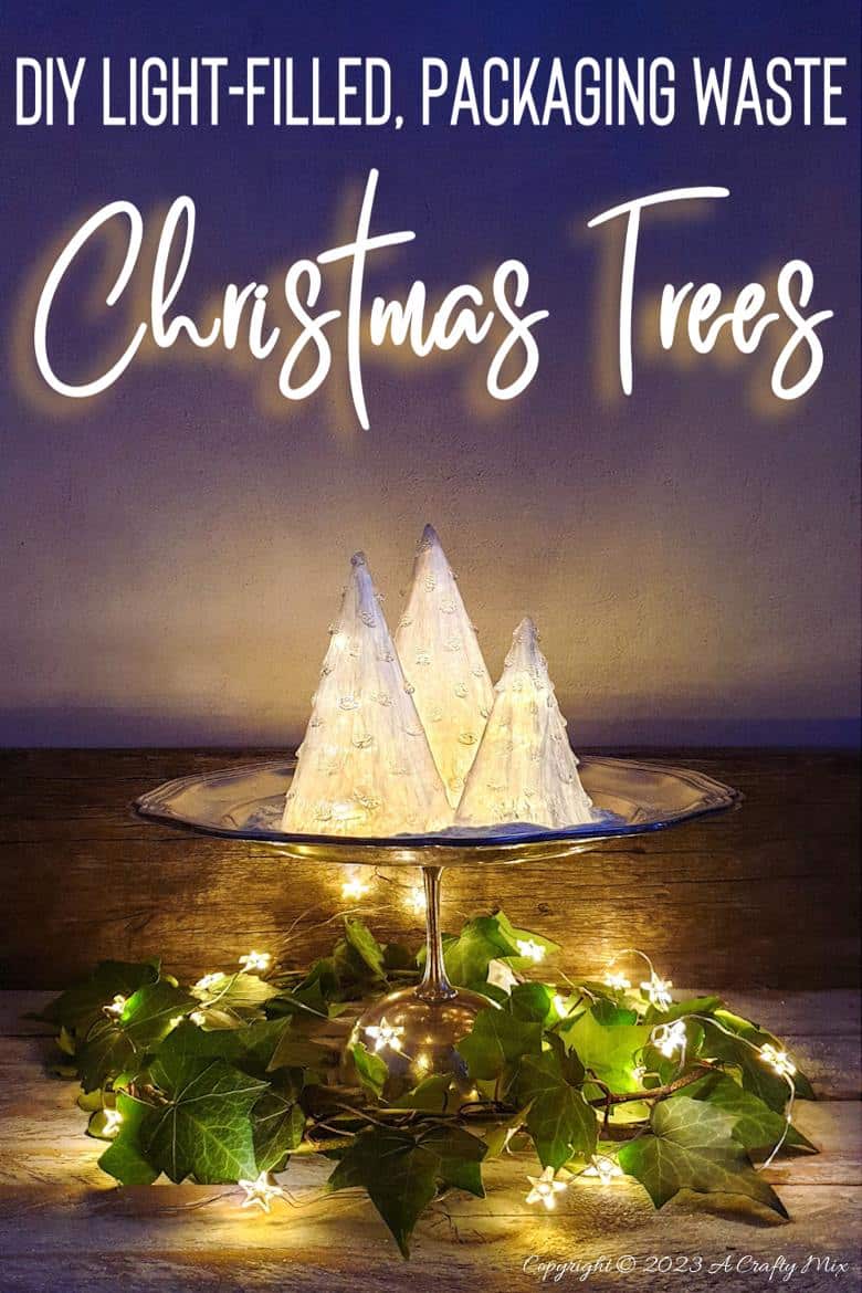 These upcycled shimmering light-filled Christmas trees are inexpensive and easy-to-make. The perfect holiday decorations to dress up your windowsill, tabletop, or mantel. They make lovely gifts too. No-one will ever believe they were thrown together in less than 30 minutes using plastic waste. Get the full tutorial at A Crafty Mix
