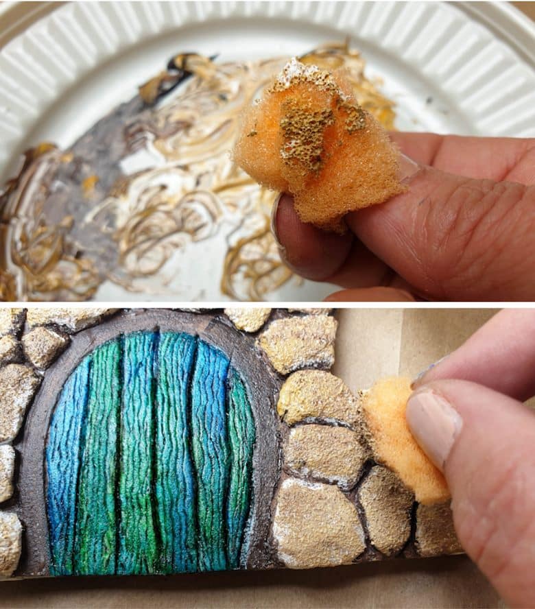 Randomly mix browns, yellows, and white and dab the colors onto the polystyrene stones