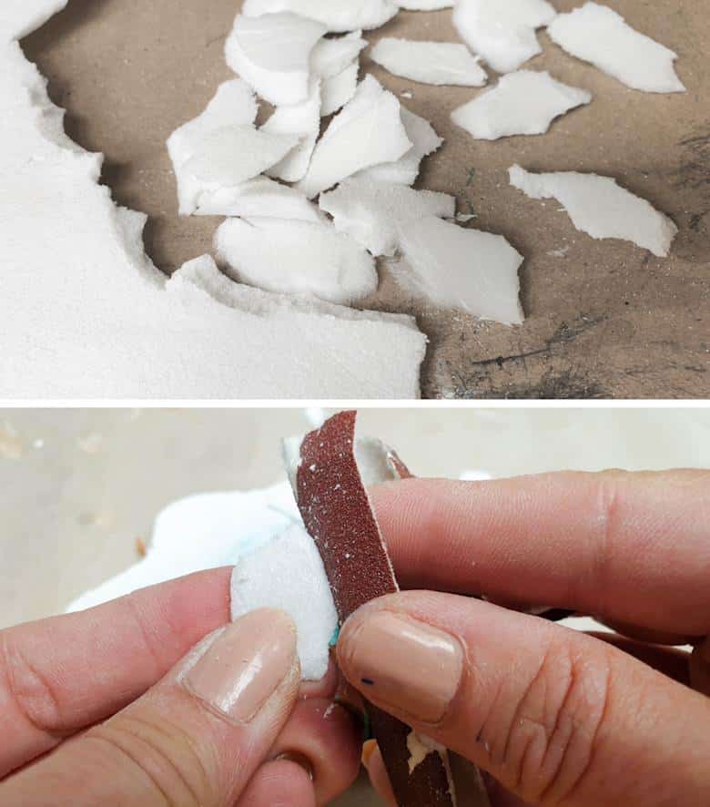 Break chunks of polystyrene off and sand or scuff the edges to form stones