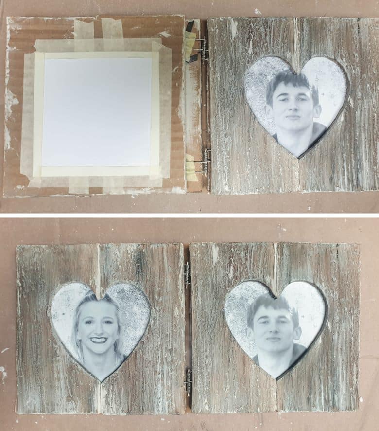 Add the photos to the back of the heart frame