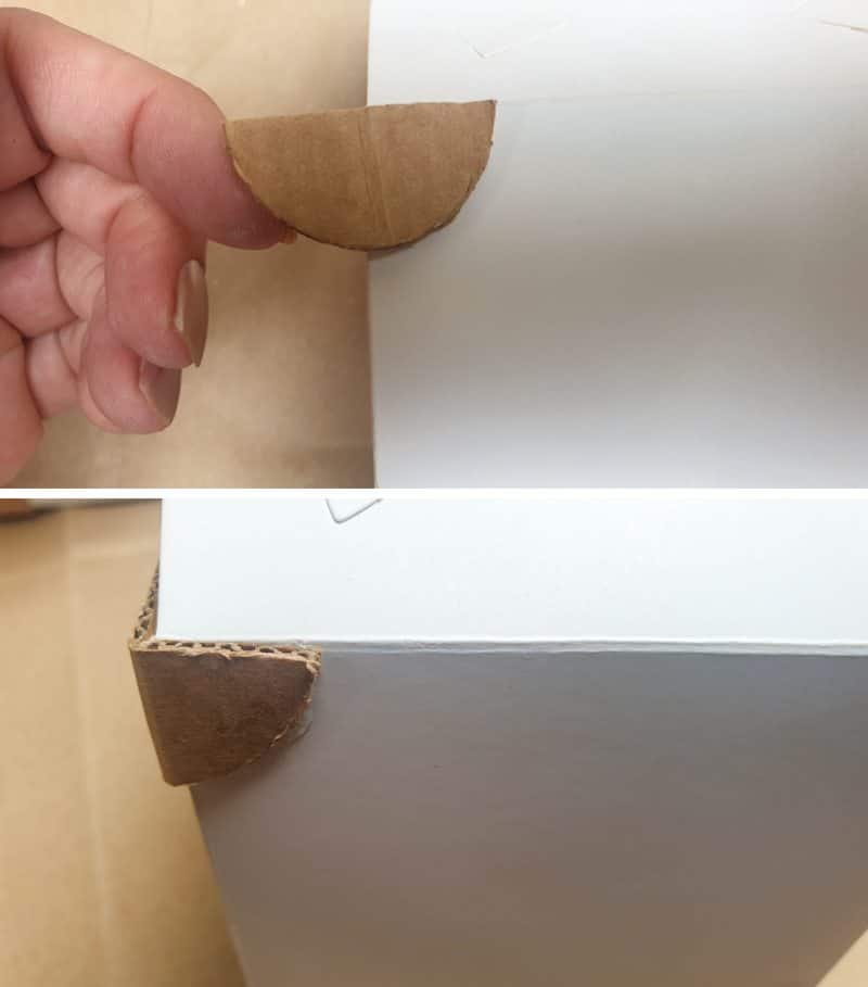 A view of the corner protectors used for the back of the box