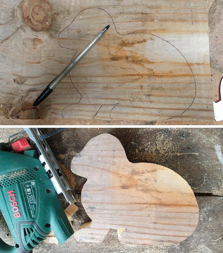 Cut a bunny shape out of a piece of wood