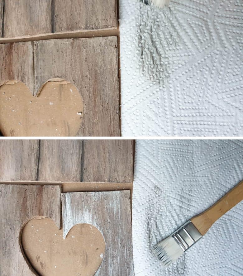 Finish off by dry brushing on a grey white to create that weathered wood effect