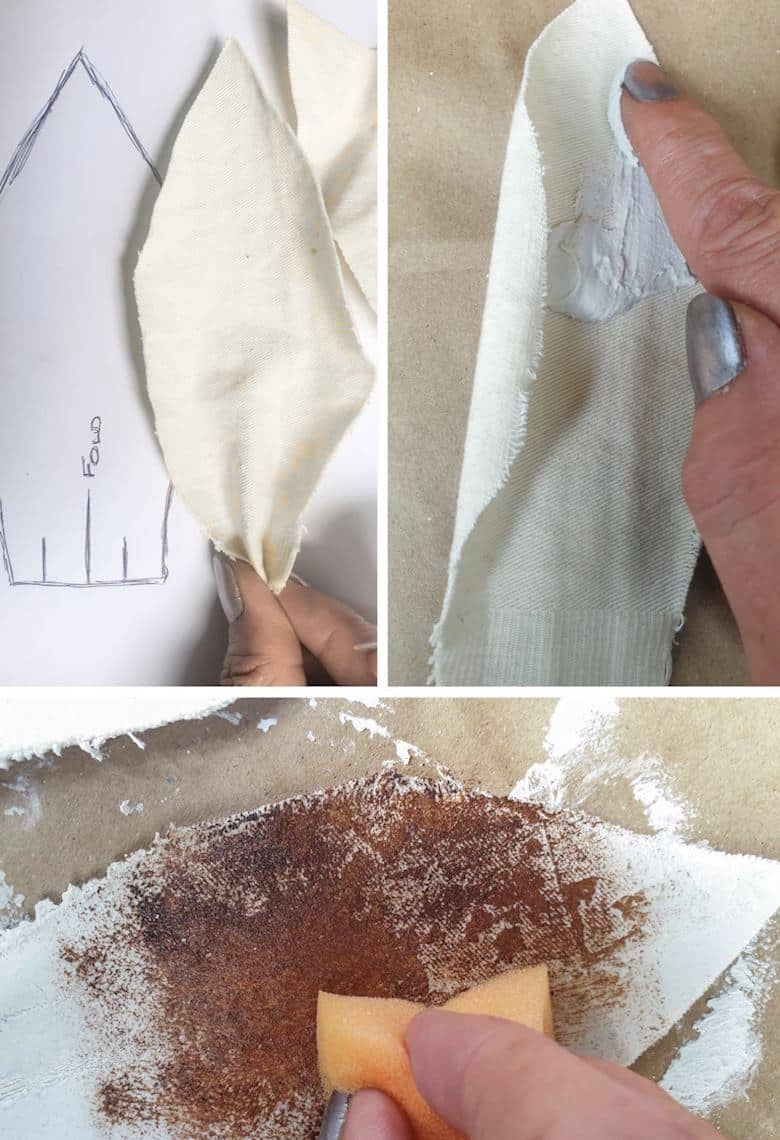 To make the bunny ears cut the fabric and apply plaster of Paris, before painting