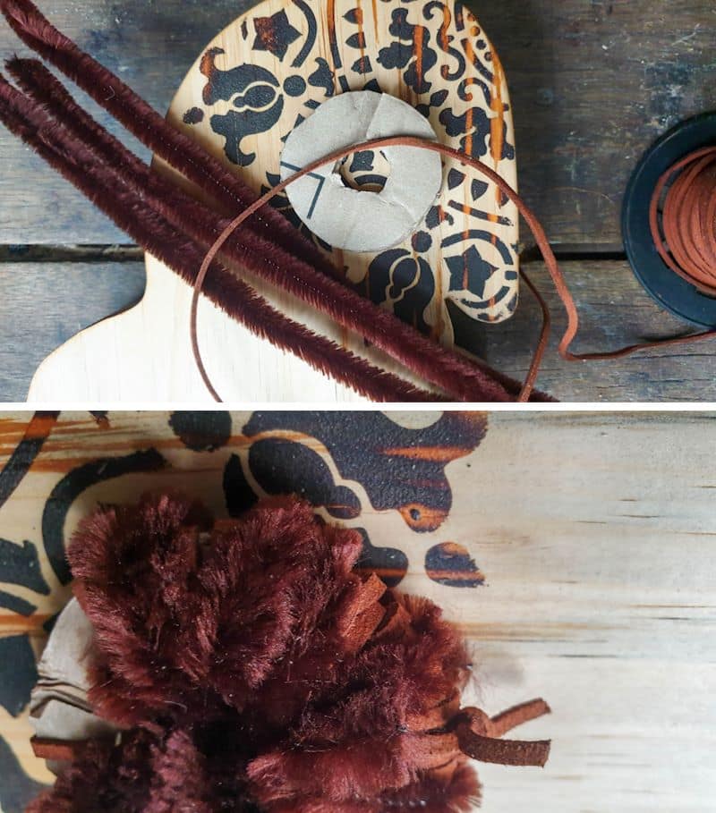 To make a tail for the bunny I used pipe cleaners and leather cord