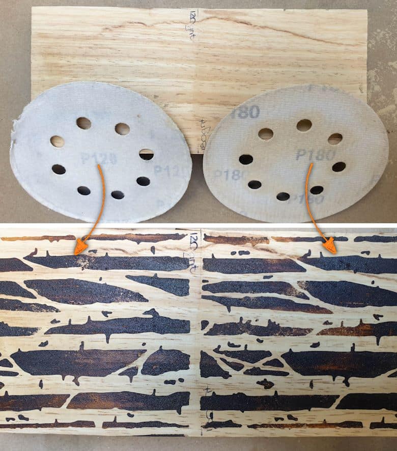 Comparing two sides on a piece of wood that have torch paste applied. The one side has been sanded with 180 grit, the other with 120 grit
