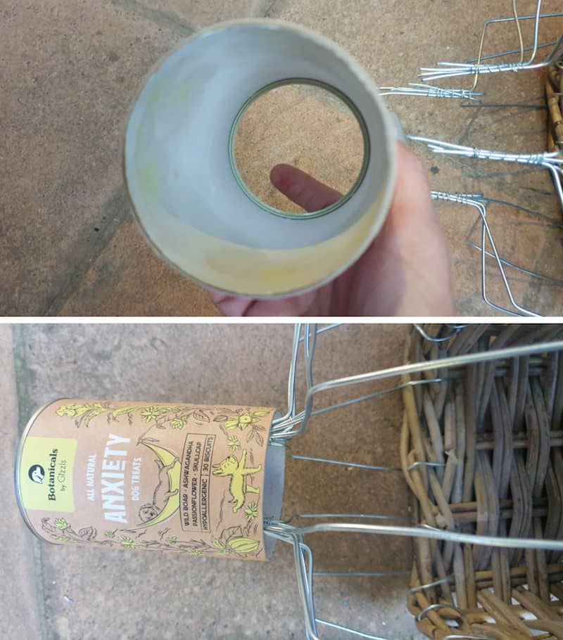 Use a carboard tube to make a neck for the woven wicker oil basket