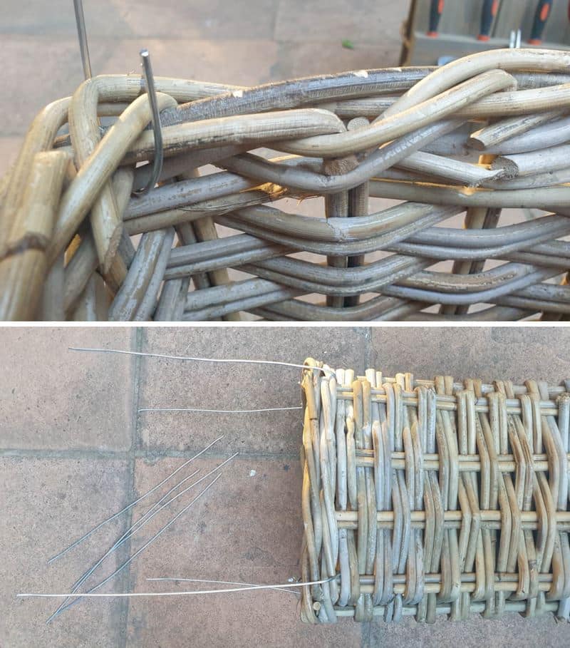 Thread the baling wire into the neck of the basket and bend to secure