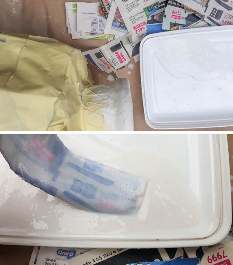Dip strips of newspaper into glue and apply to the wire frame