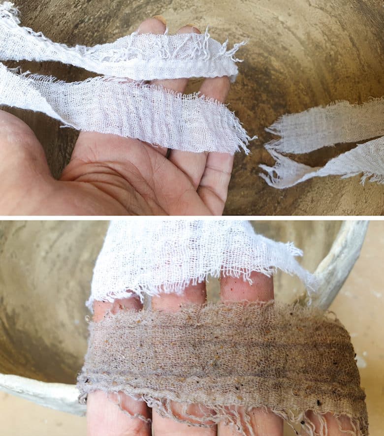 Stain the fabric strips with mud