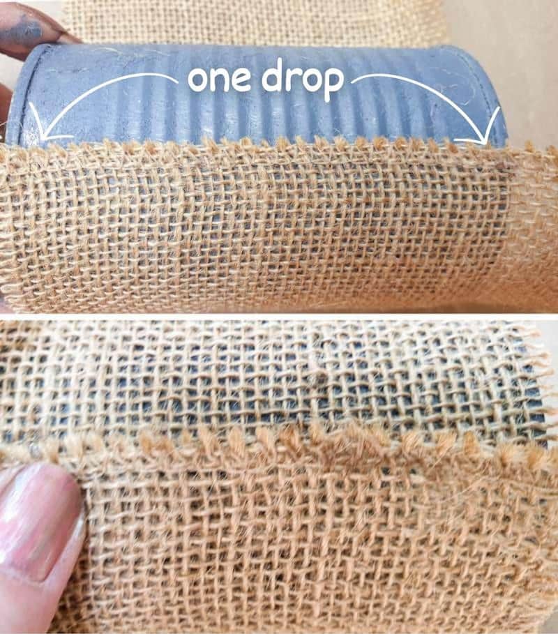 Use the superglue sparingly to secure the burlap or hessian to the tin can
