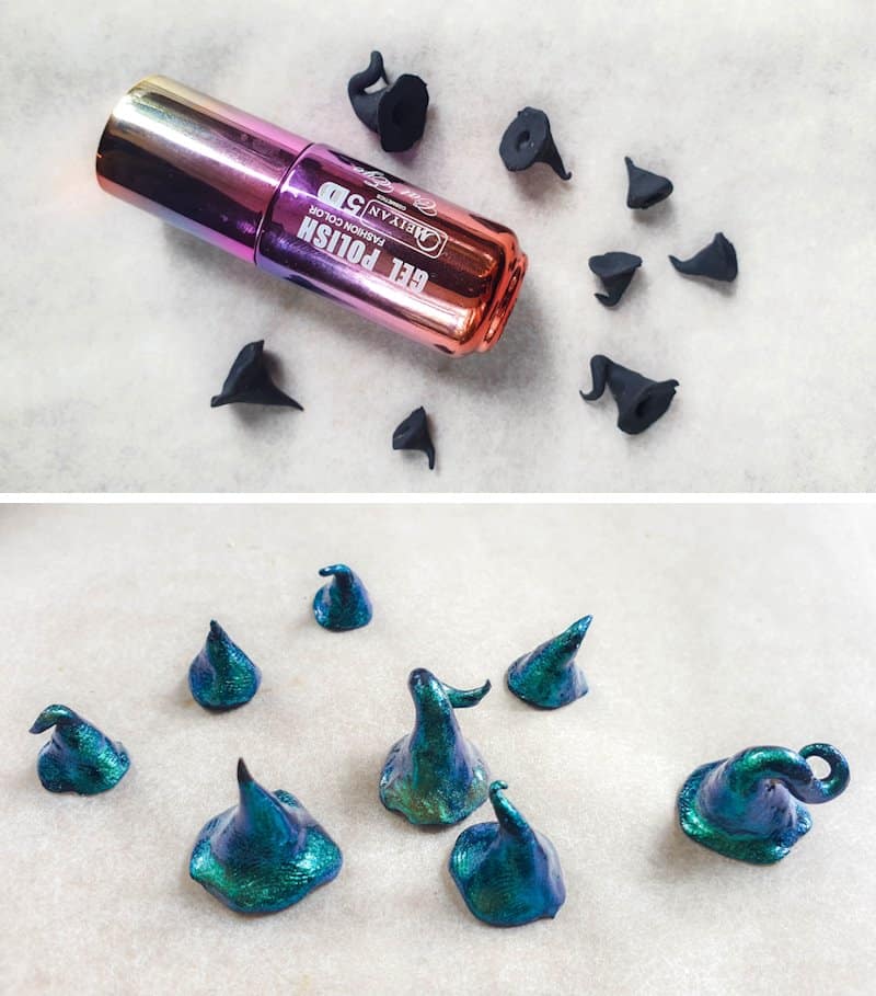 Painting the fairy mushroom tops in gel nail polish