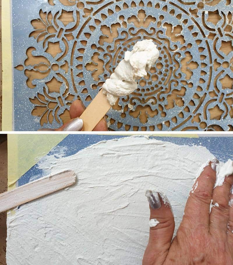 Load a spatula or wooden craft stick with the homemade paste and apply it all over the stencil