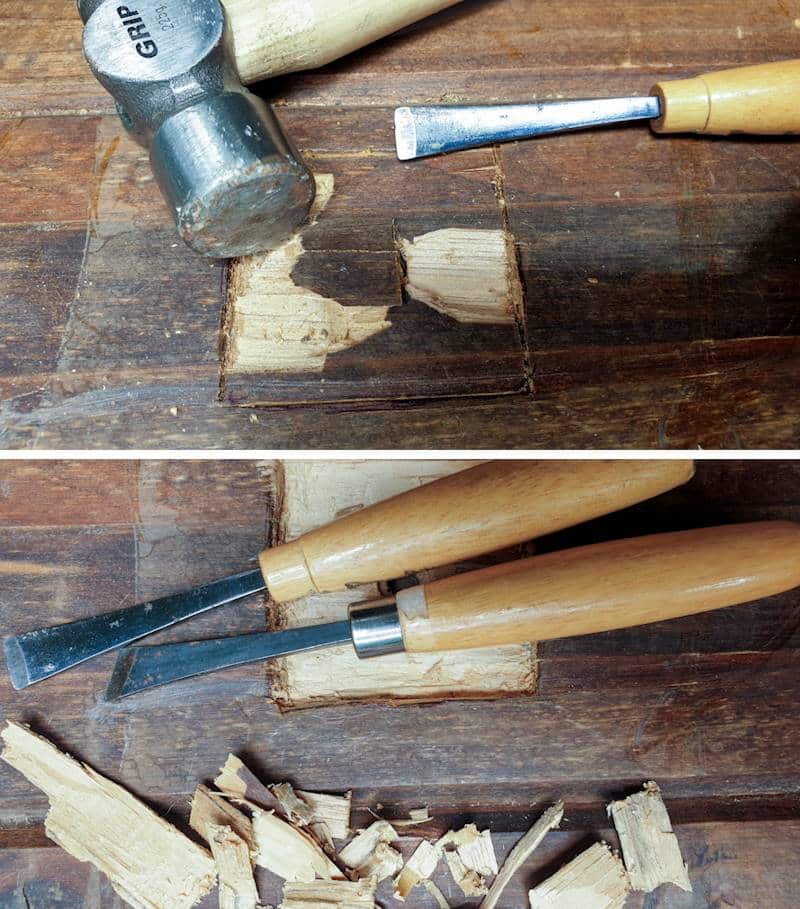 Use a hammer and a chisel to chip away a hole in the scrap wood