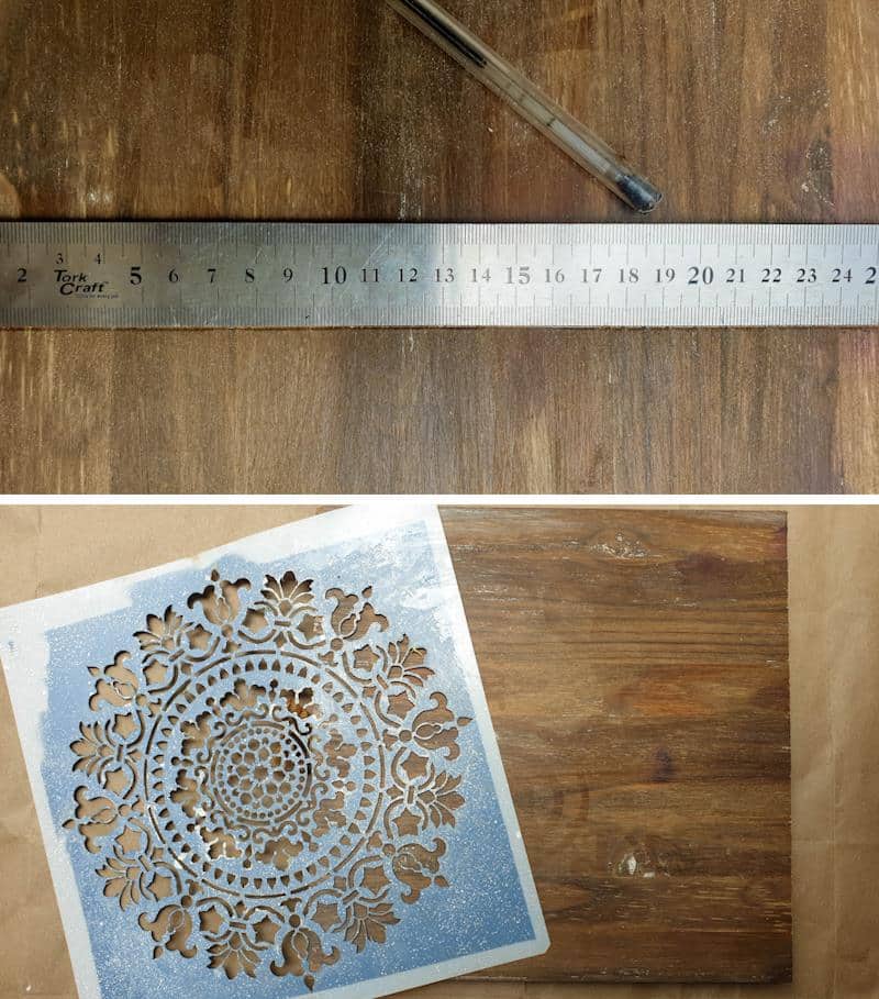 Using the Mandala stencil as guide measure and cut the scrap wood