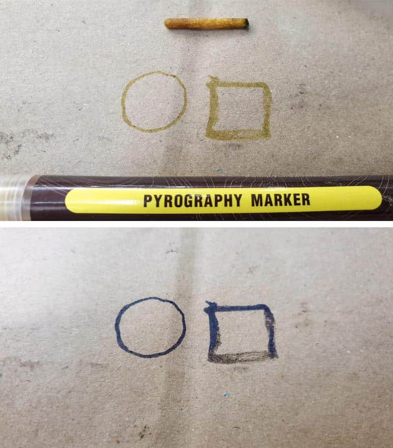 The scorch pen marker works on paper, leather, cardboard, wood, and fabric