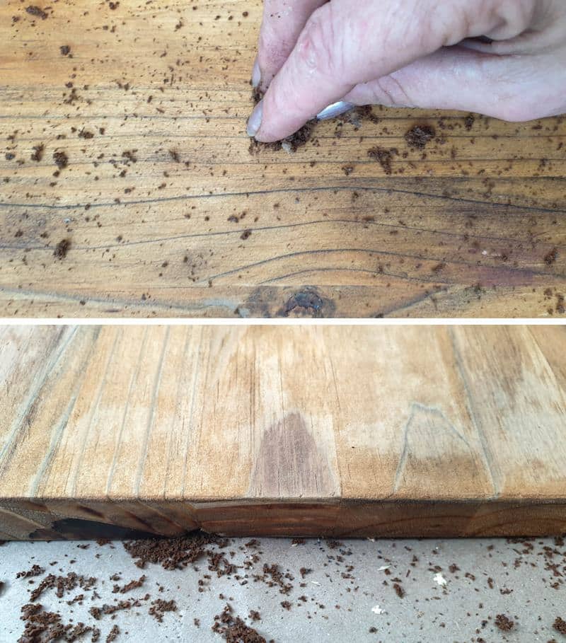 Rub the cooled down tea leaves over the wood to create an aged look