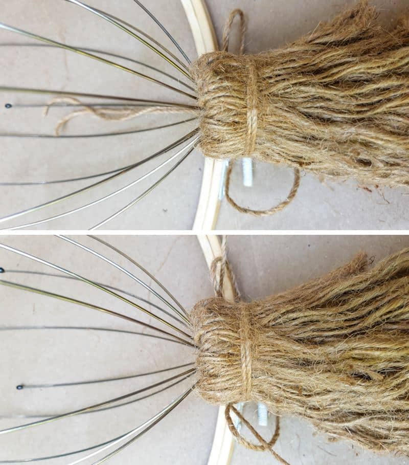 Tie the head scratcher with tassels to the embroidery hoop