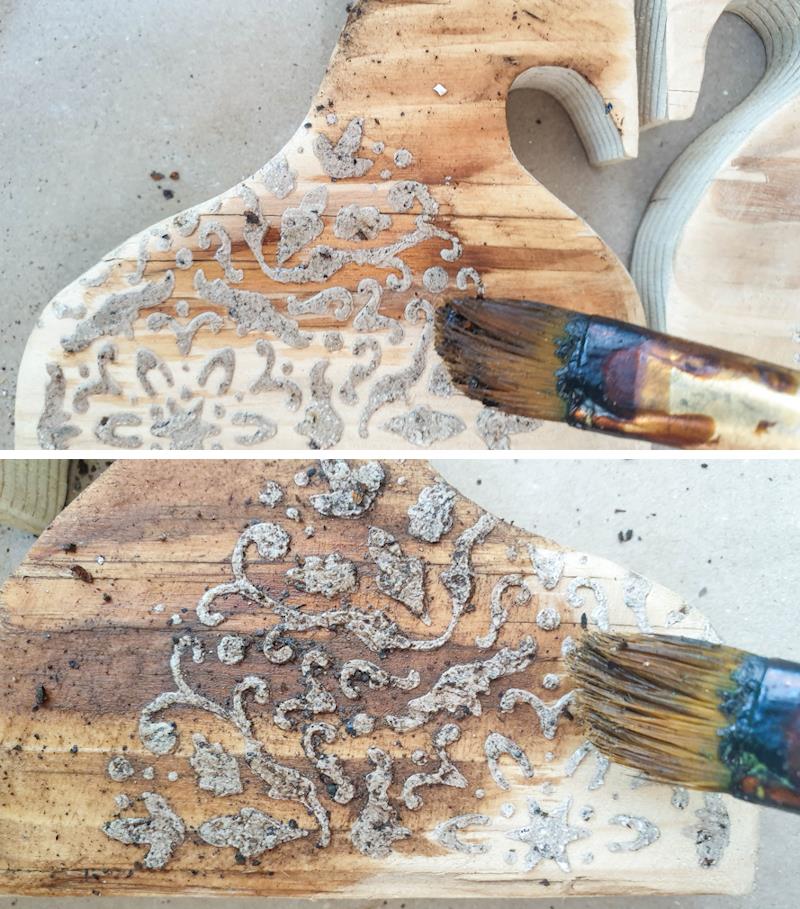Aging the wood with "rust dust" stain