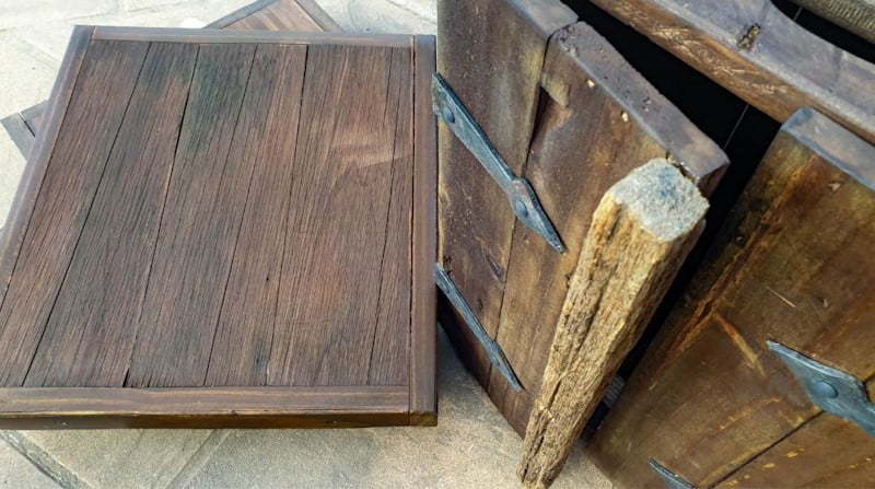All the salvaged pieces are ready for fitting on the side table