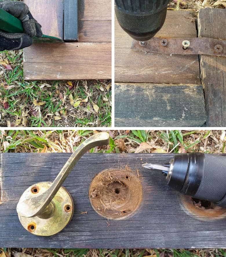 Dismantle an old door to salvage the wood for the cabinet