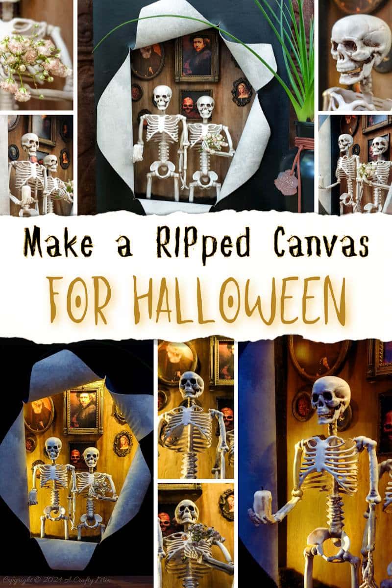 Get your spook on and add a touch of macabre whimsy to your d&eacute;cor with this DIY Halloween RIPped canvas tutorial. It even lights up. We&rsquo;ll show you how to turn a deep canvas into an eerie masterpiece using paint, paste and two loving skeletons. Oh, be warned; we will be cutting, slicing, and mangling things up a little to make this haunting diorama.
