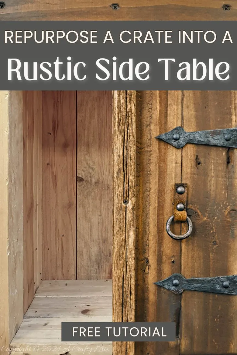 Repurpose a crate to make a rustic side table and give your space a unique, creative makeover. This DIY project is a perfect way to add a touch of vintage charm to your home and create extra storage at the same time. The free tutorial will guide you through the whole process. As an added bonus, we’ll show you how to make faux metal hinges using cardboard and create custom door pulls.