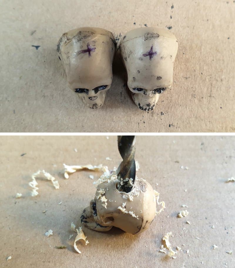 Drill small holes in the top of the skulls