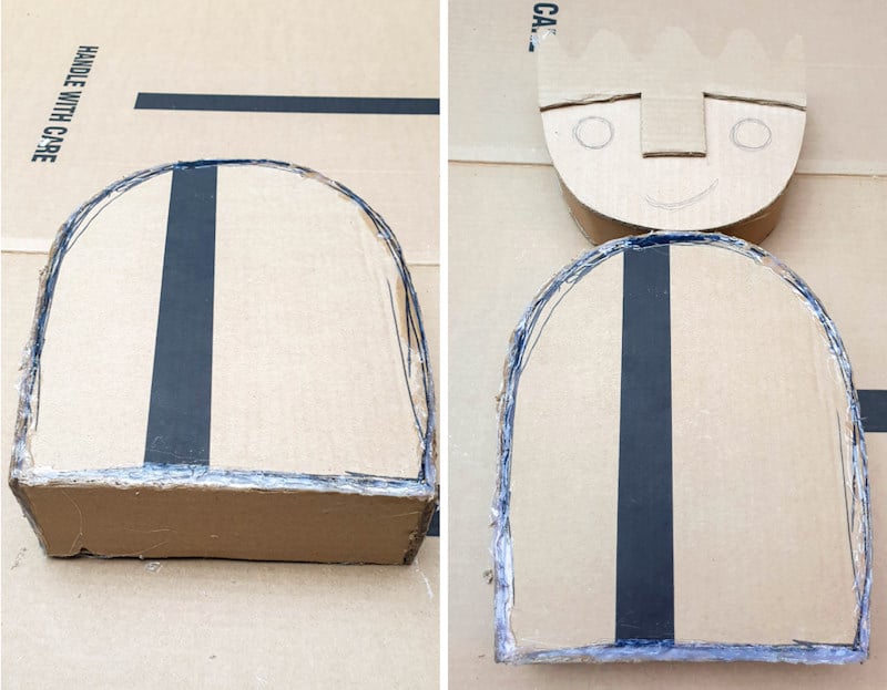 Glue the cardboard body and head pieces together