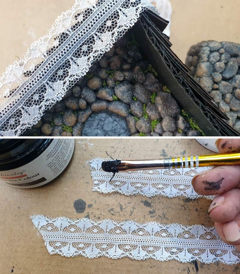 Add a lace trim around the edge of the roof to disguise the cardboard