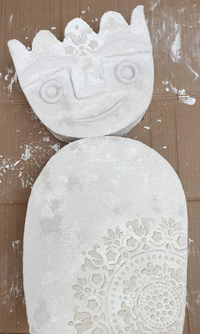 WIP primitive stone statue made from cardboard and texture paste