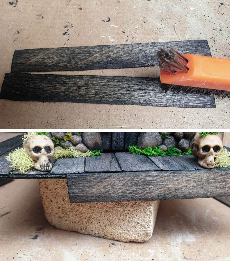 Bulk up the cardboard platform with craft sticks and distress with a wire brush