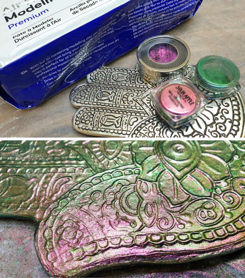 Air dry clay and a Hamsa hand with shimmery eye applied