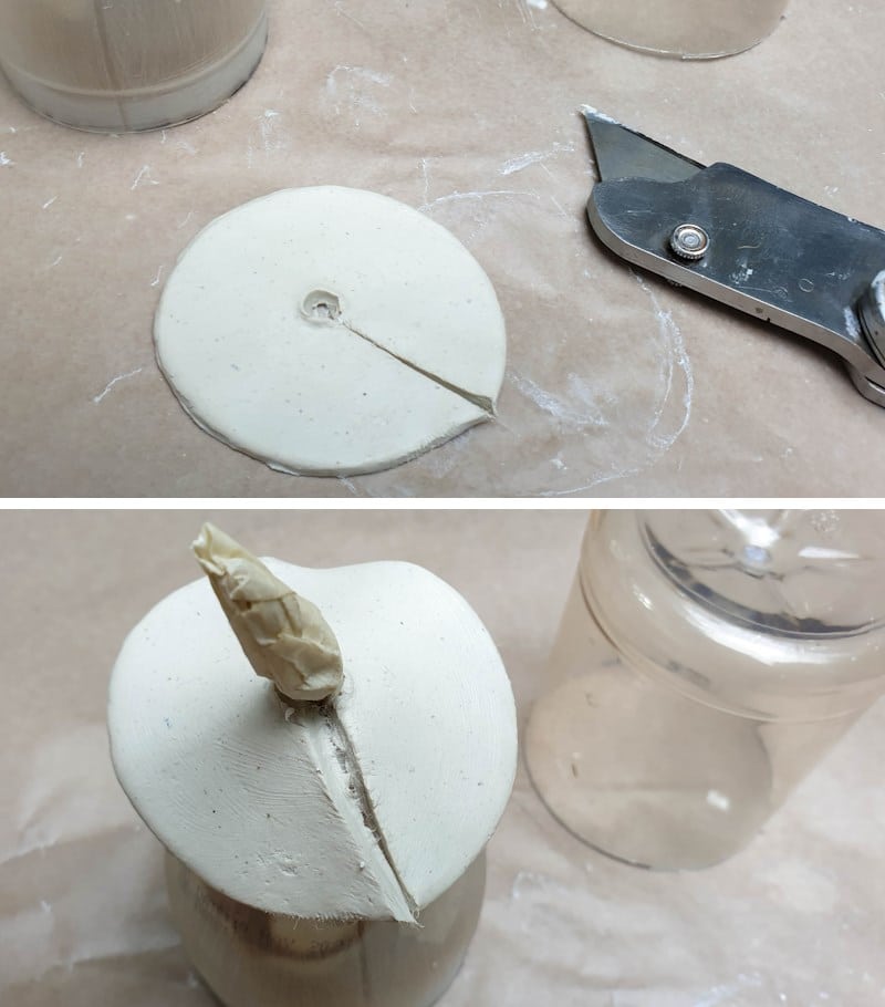 Make a slit in the clay circle. over the ball with clay and smooth out